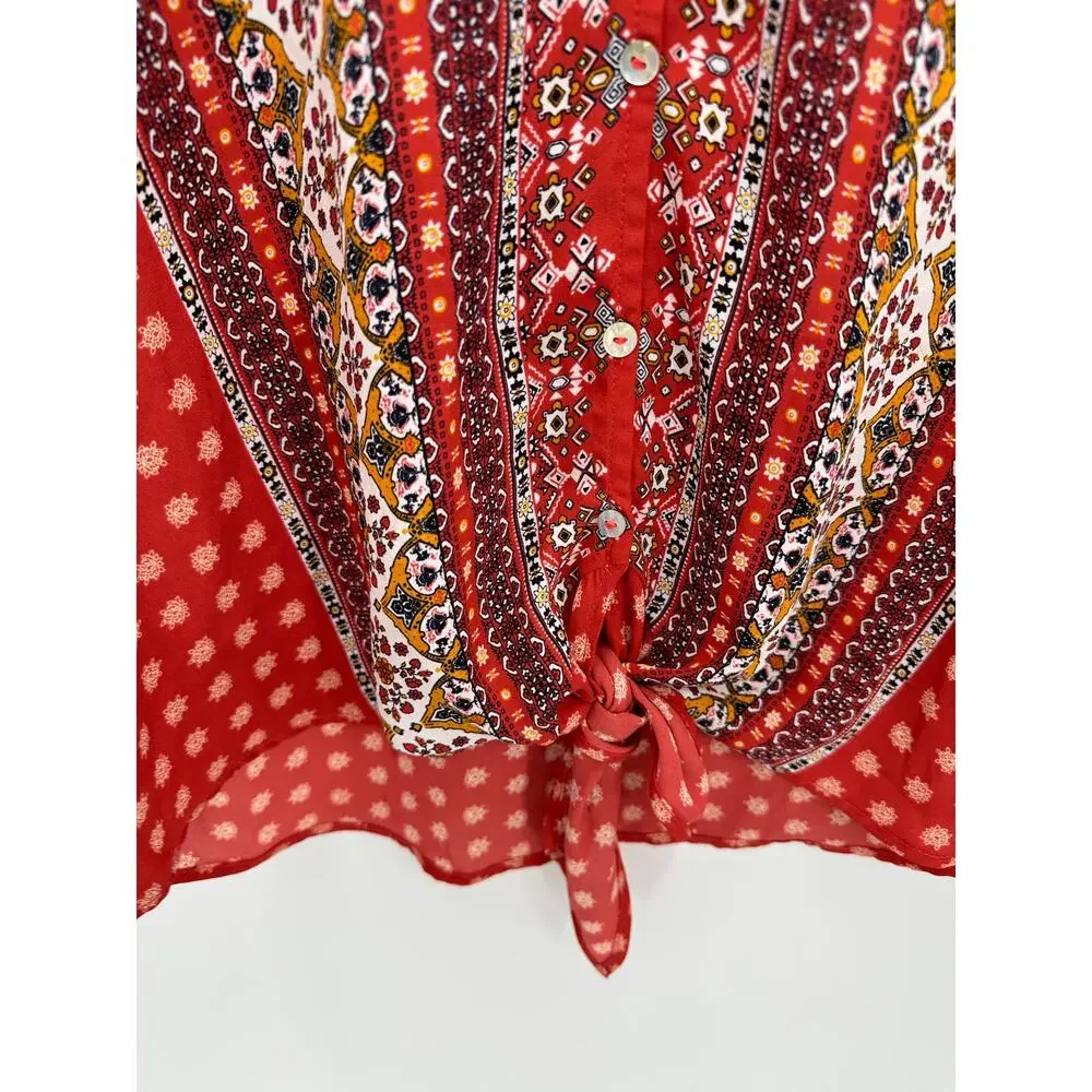 West Kei Top Women LARGE Talina Rust Red Printed V-Neck Tie Front Blouse - Picture 4 of 10